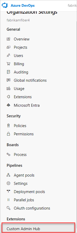 Screenshot of custom organization admin hub.