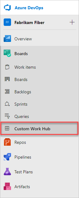 Screenshot of custom work hub added to Azure Boards.