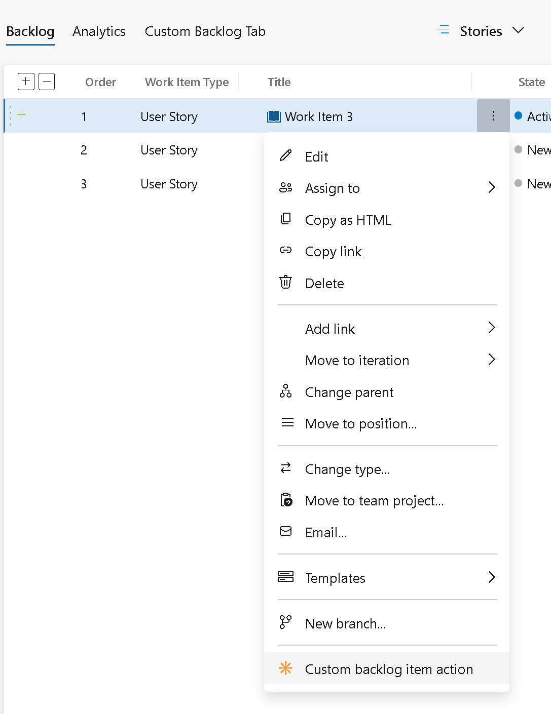 Screenshot of backlog item actions custom menu options.