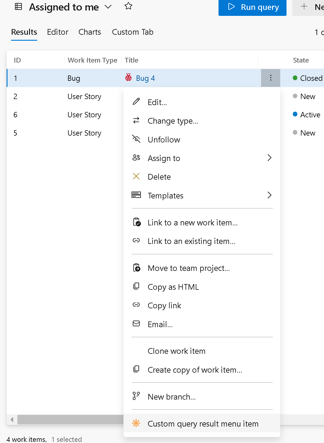 Screenshot of Query Results Item Menu custom action.