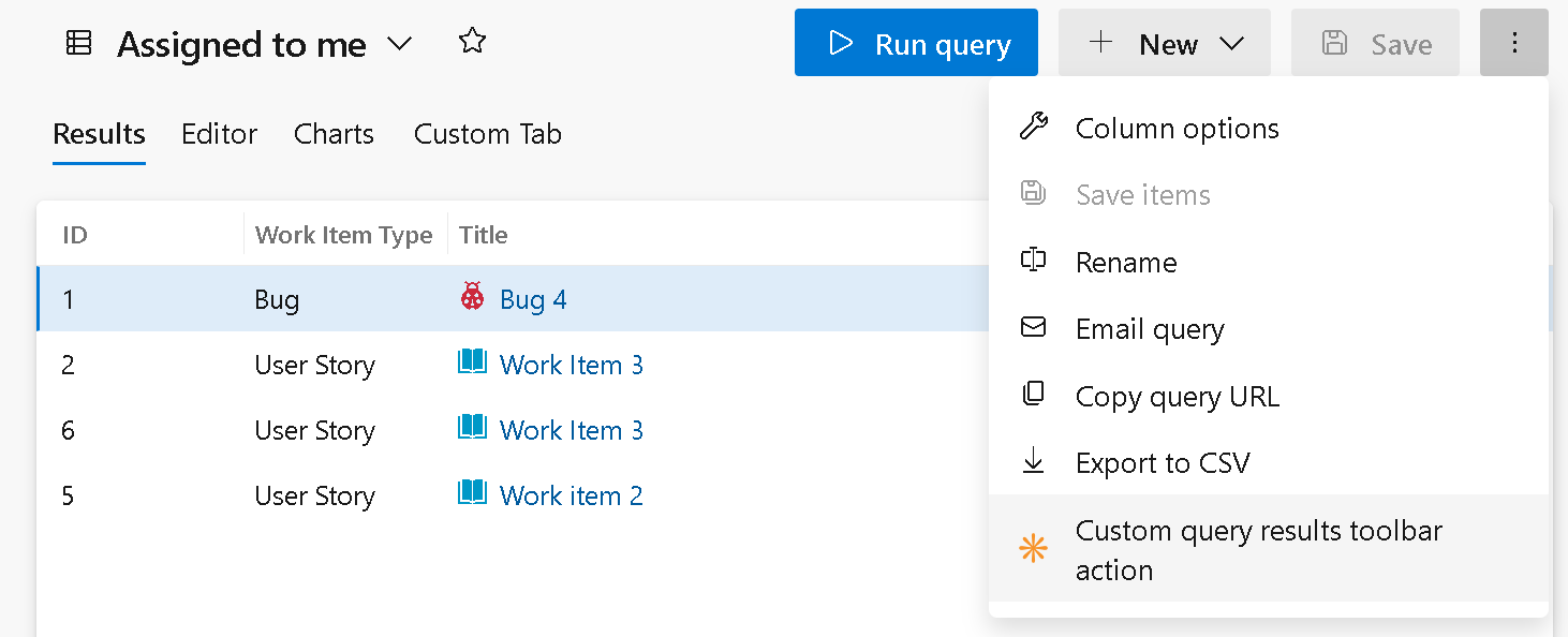 Screenshot of Query Results custom toolbar menu action.