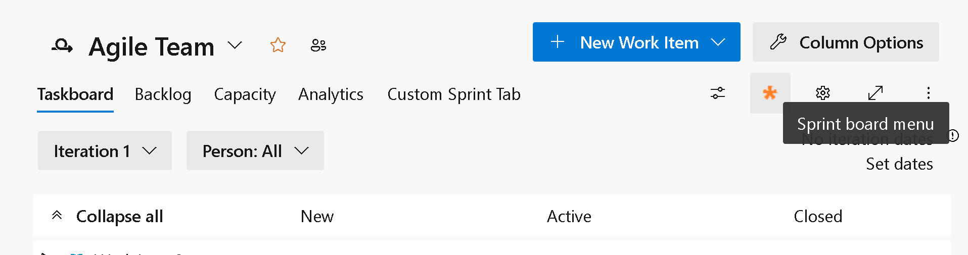 Screenshot of sprint board pivot filter menu.