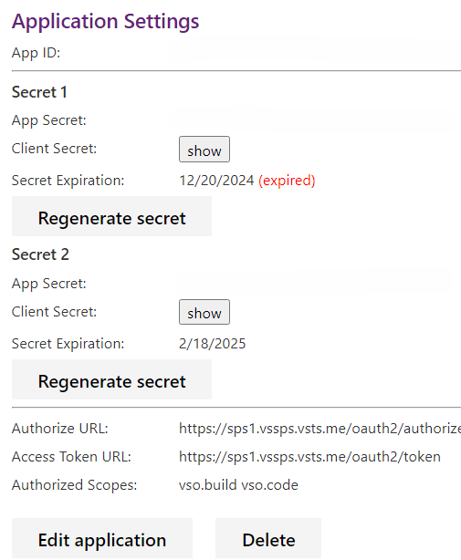 Screenshot of app page with secondary secret generated.