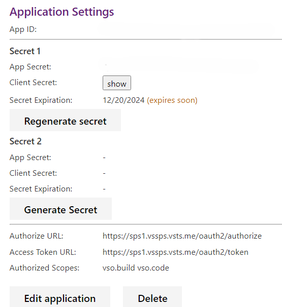 Screenshot showing Application settings for your existing app.