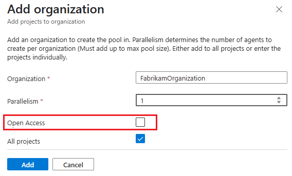Screenshot of configuring open access for multiple organizations.