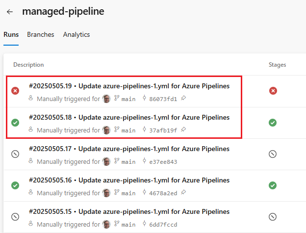 Screenshot of pipeline runs.