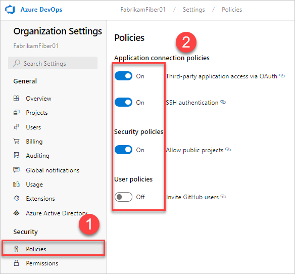 Screenshot of policies list and their on and off toggles.