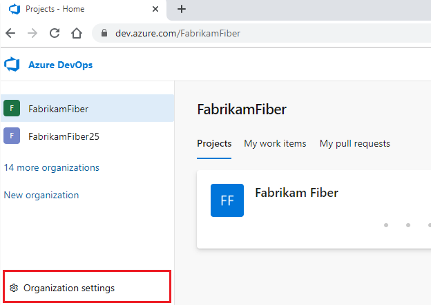 Screenshot showing highlighted Organization settings button.