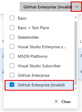 Screenshot showing GitHub Enterprise Invalid access level checked for user type.