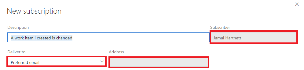 Screenshot that shows how to configure the preferred email address for a personal subscription.