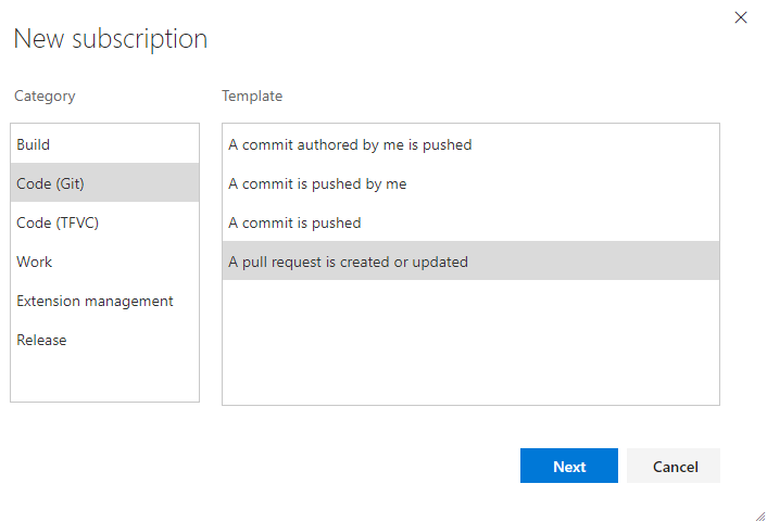 Screenshot that shows how to select the category and template type for a new notification subscription in earlier versions of Azure DevOps.