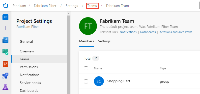 Screenshot of the Project Settings, Teams, and Team breadcrumb trail for the current page in Azure DevOps.