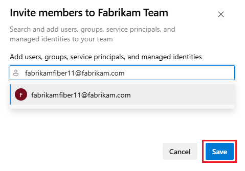 Screenshot of Invite members to team dialog, choose user account to add to the team.