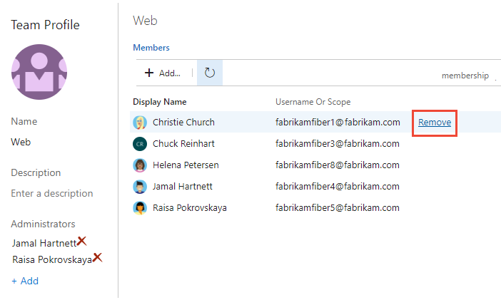 Screenshot of the Team profile page with the Remove option highlighted for a team member.