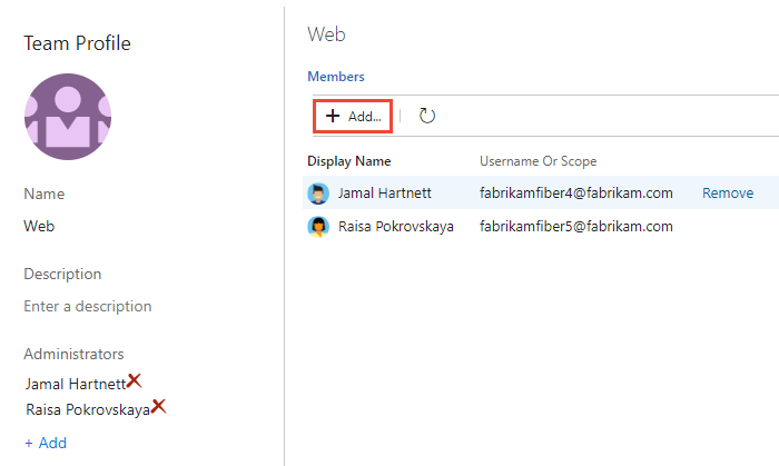Screenshot of the Team Profile dialog with the Add option highlighted.