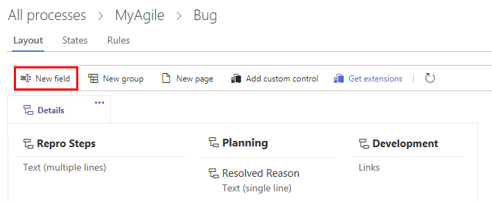 Screenshot shows the Process Work Item Types page with the option to add a field to a WIT.