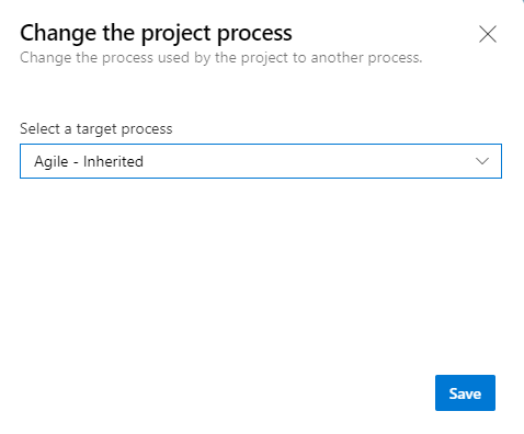 Screenshot shows the Change the project process dialog with Agile Inherited selected.