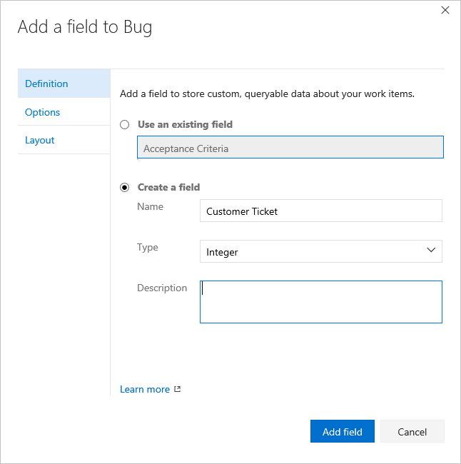 Screenshot shows adding a field to the Bug WIT and selecting the Integer field type.