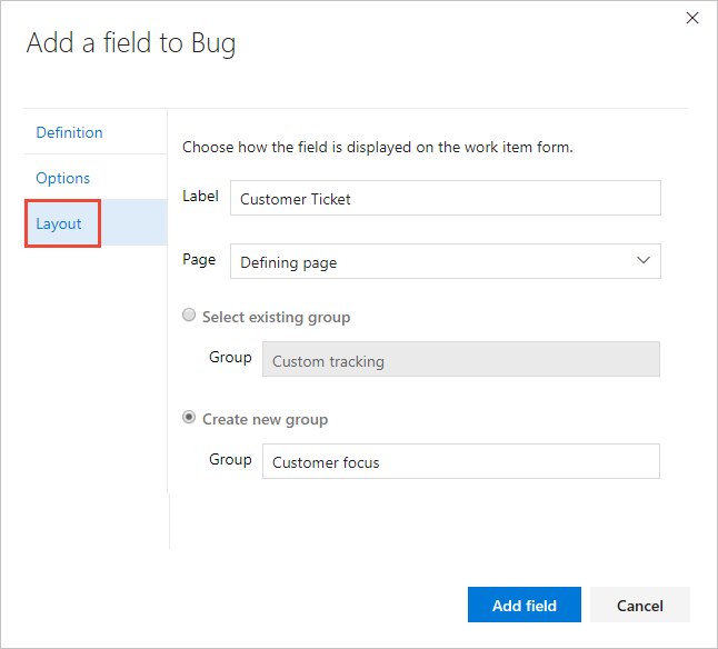 Screenshot shows adding the Customer Ticket field to the Customer focus group in the layout.