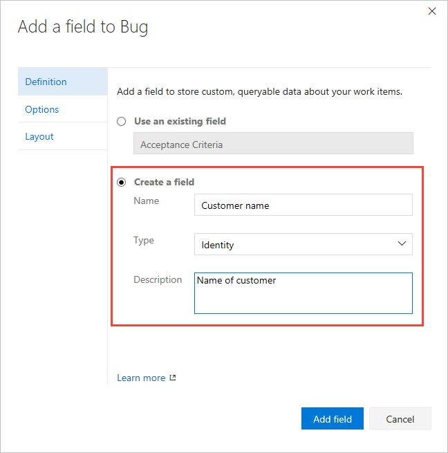 Screenshot shows Add a field to Bug dialog, Definition tab, Add an Identity field.