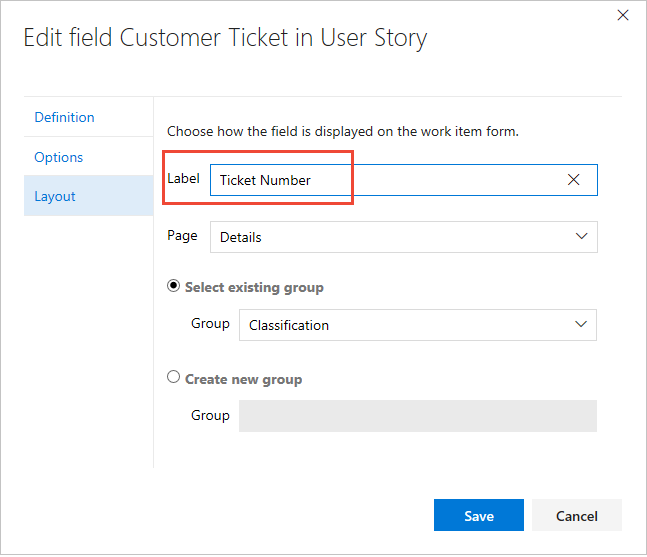 Screenshot shows Layout tab, with relabeled a field.