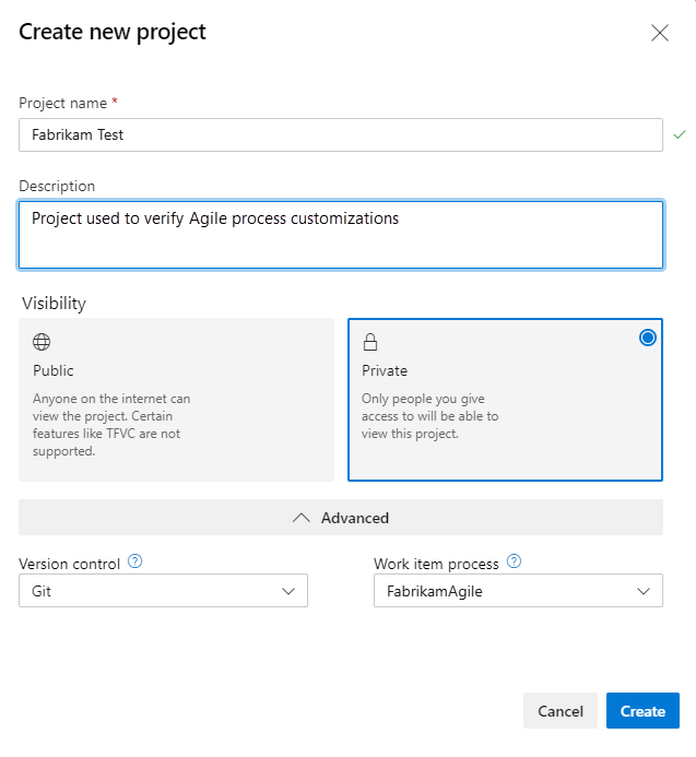 Screenshot of the Create new project dialog.