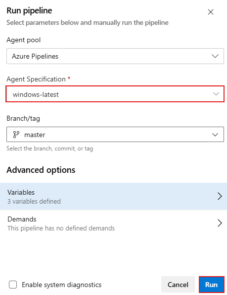 A screenshot displaying how to configure the pipeline run.