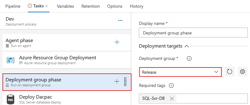 A screenshot displaying how to configure the deployment group phase job.