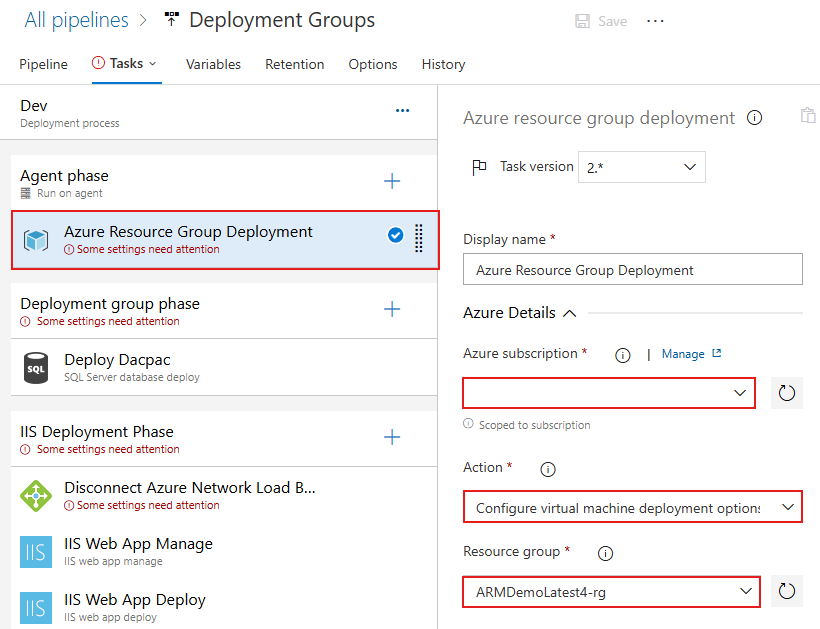 A screenshot displaying how to configure the resource group in the deployment task.