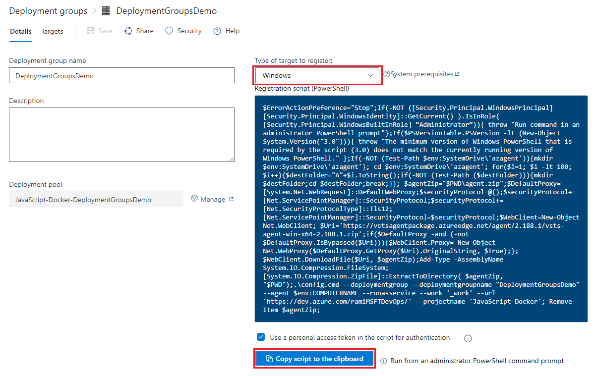 A screenshot displaying how to create a deployment group in Azure Pipelines.