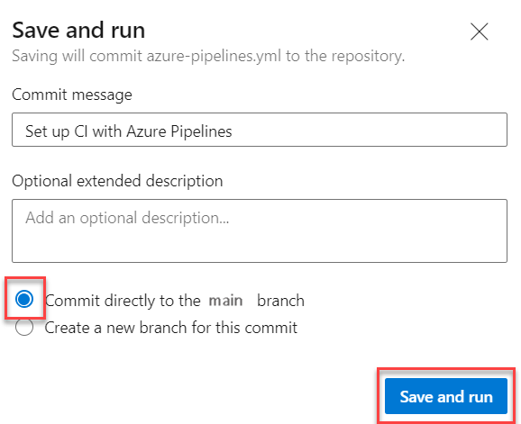 A screenshot displaying how to save and run a new yaml pipeline.