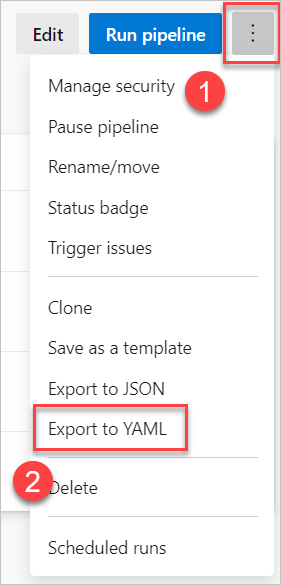 A screenshot displaying how to export a Classic pipeline to YAML.