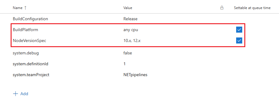 Screenshot of defining a variable in a classic pipeline.