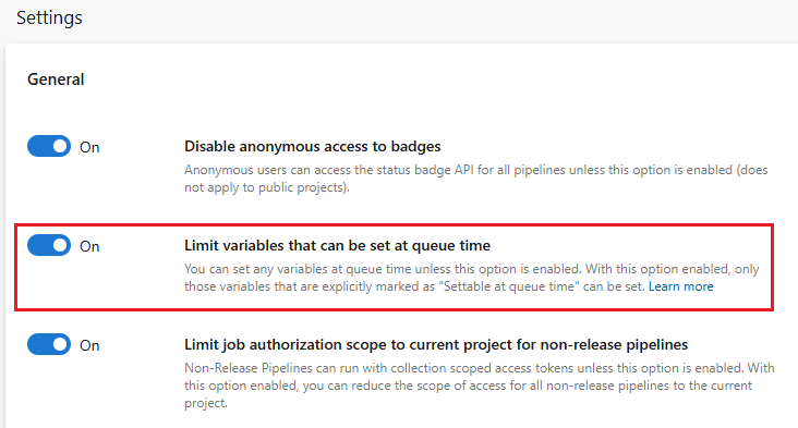Screenshot of limiting variables that can be set at queue time at organization level.