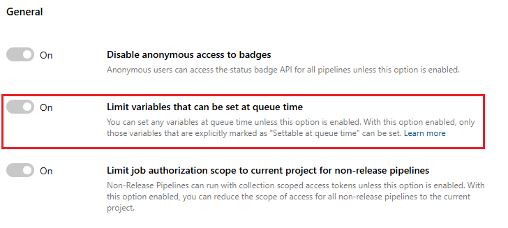 Screenshot of limiting variables that can be set at queue time at project level.
