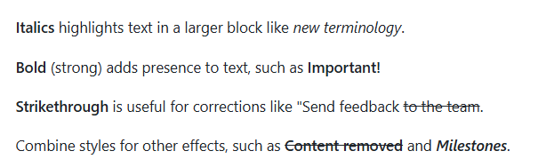 Screenshot that shows a published view of the Markdown syntax for text emphasis styles.