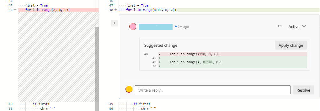 Screenshot that shows an example of a suggested change for code in a pull request comment.
