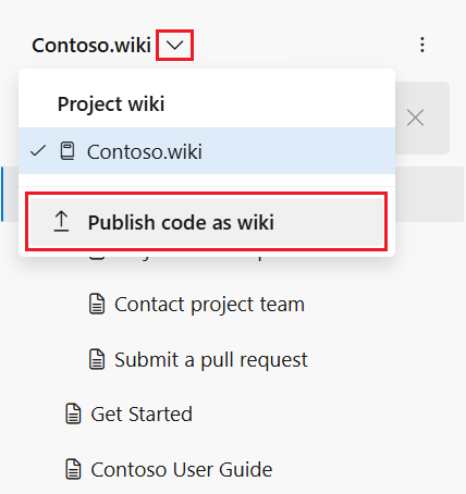 Screenshot that shows how to select the Publish code as wiki option for a project.
