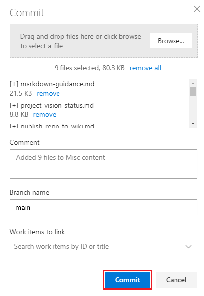 Screenshot that shows how to select the folder and files you want to upload in the Commit dialog.
