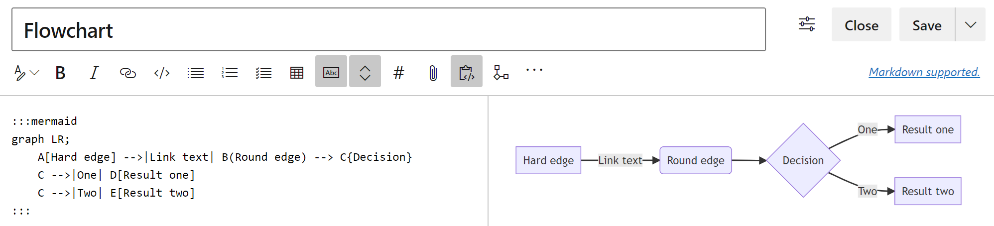 Screenshot of the Mermaid Live Editor with the code for a flowchart graph and a preview of the published view.