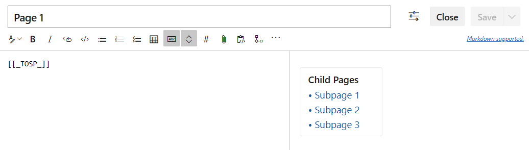 Screenshot that shows how the publishing system generates a table of subpages for a wiki page.