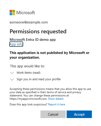 Screenshot of a Microsoft Permissions requested dialog. An app name, a list of requested permissions, and Cancel and Accept buttons are visible.