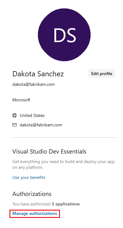 Screenshot of a Visual Studio profile page with contact information for a user. In the Authorizations section, Manage applications is highlighted.