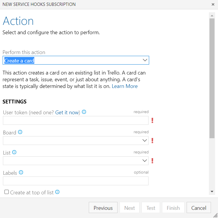 Screenshot of the Action dialog. Create a card is selected. Fields are available for specifying a token, a board, and other settings.