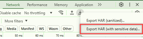 Screenshot shows highlighted selection, Export HAR with sensitive data, in Google Chrome.
