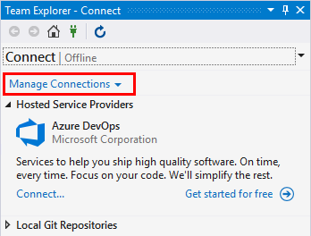 Screenshot of the Team Explorer pane in Visual Studio 2019 showing the Manage Connections option highlighted.