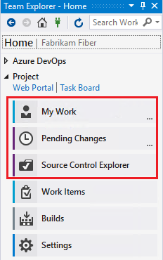 Screenshot of Team Explorer Home page for Visual Studio 2019 showing the Team Foundation Version Control features highlighted.