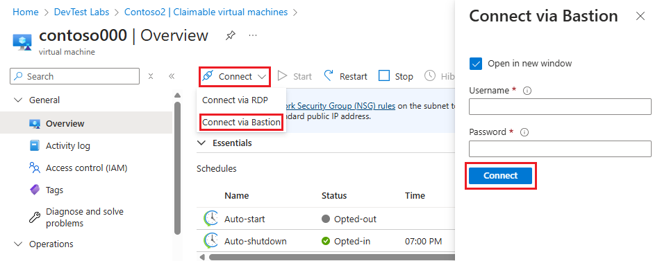 Screenshot of the VM Overview screen with the Browser connect button highlighted.