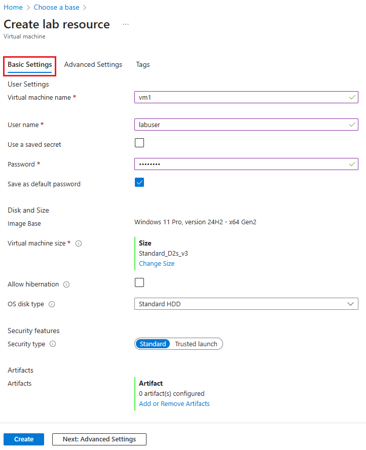 Screenshot that shows the VM Basic Settings page.