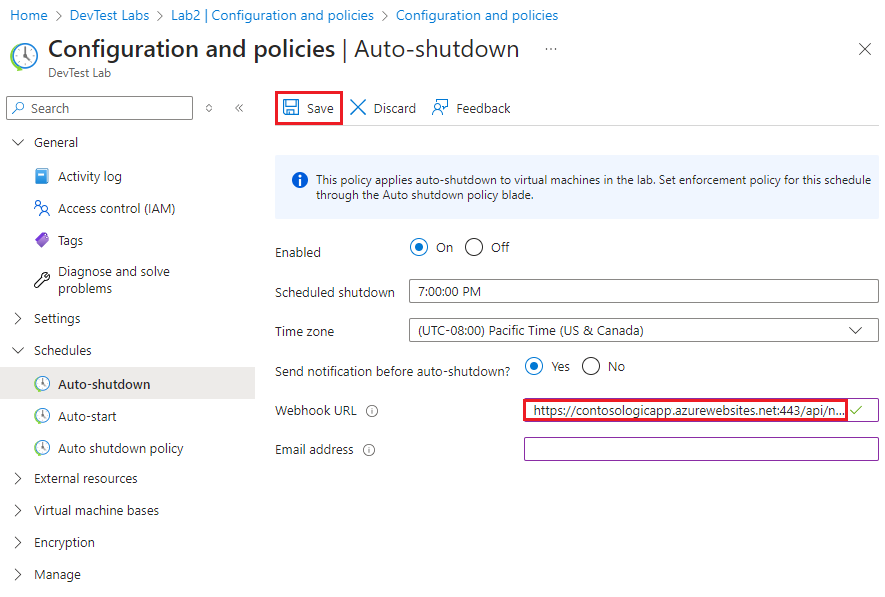 Screenshot showing pasting the webhook URL into the autoshutdown settings.